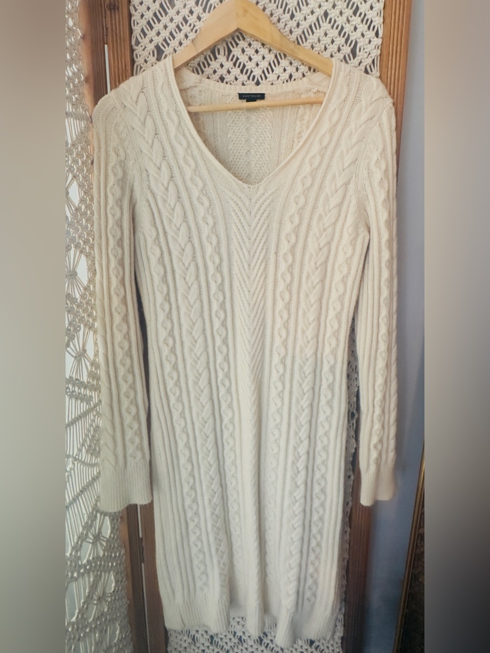 Ann Taylor Alpaca Wool Blend Cable Knit Sweater Dress Ivory Cream M